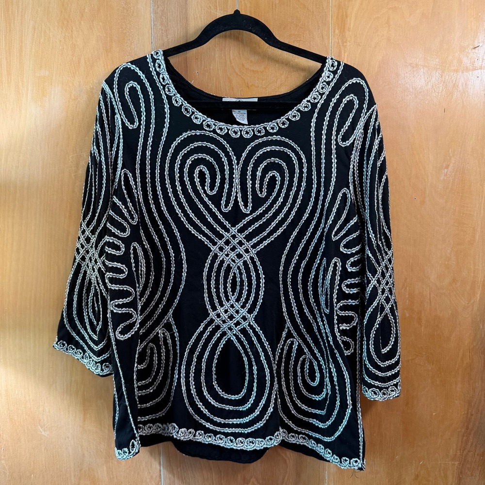 Once Again Plus Black Silver Soutache Embroidered 3/4 Sleeve Top Blouse 1X - Picture 2 of 6
